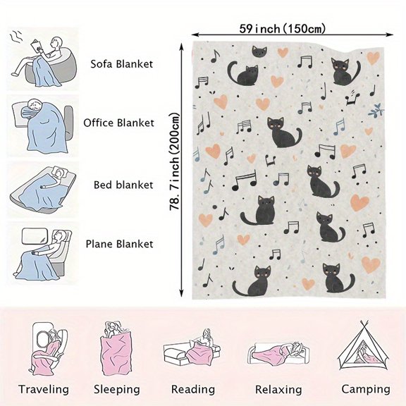 & Heart Musical Note Flannel Blanket - Soft Cozy All-Season Bedspread with Paw Print, for Bed Couch Travel, Machine Washable Gift