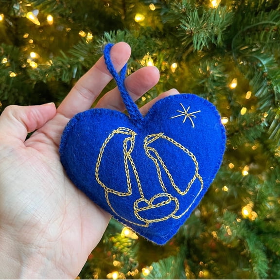 Heart Nativity Ornament, Fair Trade Embroidered Wool Christmas Decor Handmade in Peru