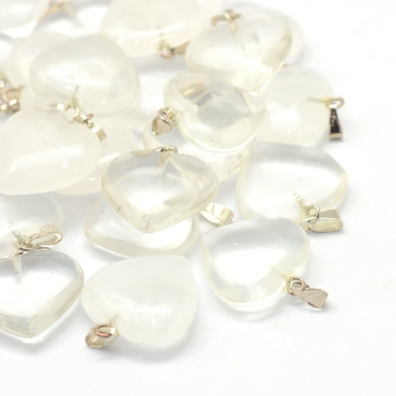 Heart Natural Crystal Pendants with Platinum Tone Brass Findings 20~22x20~21x5~8mm Hole: 2x7mm