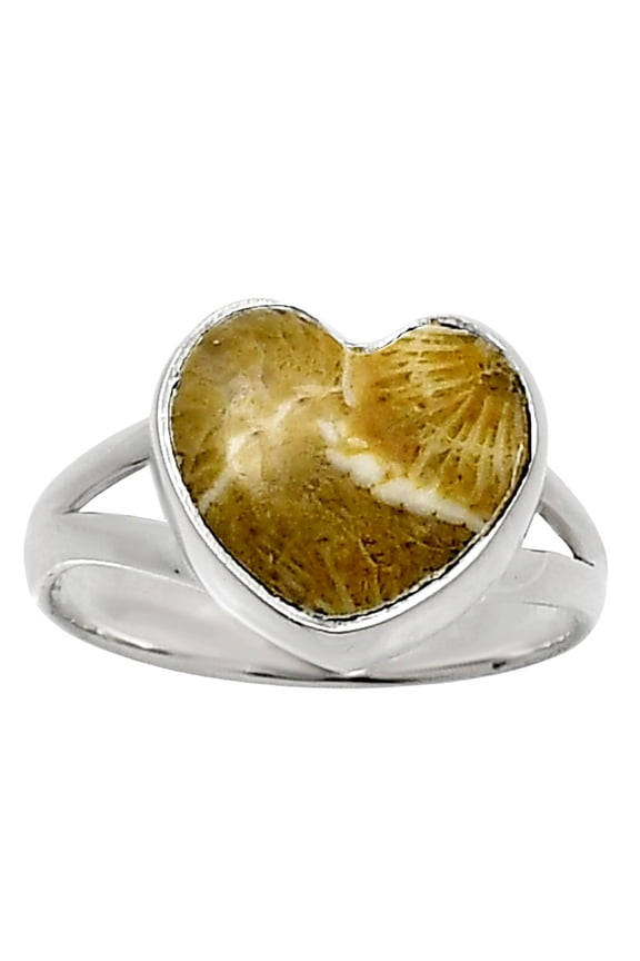 Heart Natural Flower Fossil Coral 925 Sterling Silver Ring s.7 Jewelry R-1073 SDR248514
