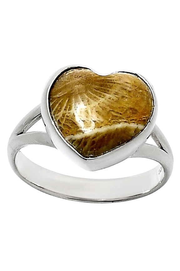 Heart Natural Flower Fossil Coral 925 Sterling Silver Ring s.8 Jewelry R-1073 SDR248525