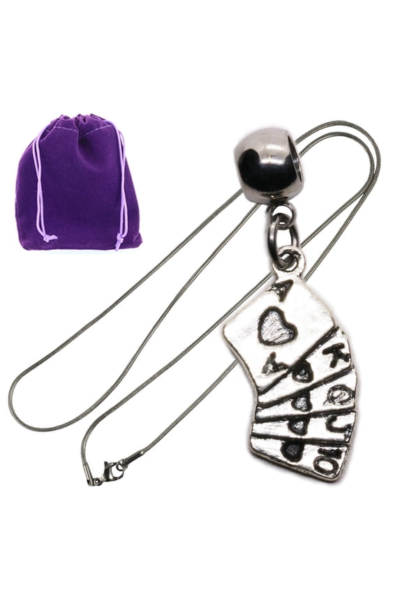 Heart Necklace Poker Inspired Playing Card Hand Pendant Necklace for Casino Style Game Night with Silver Tone Chain and Purple Drawstring Pouch Gift