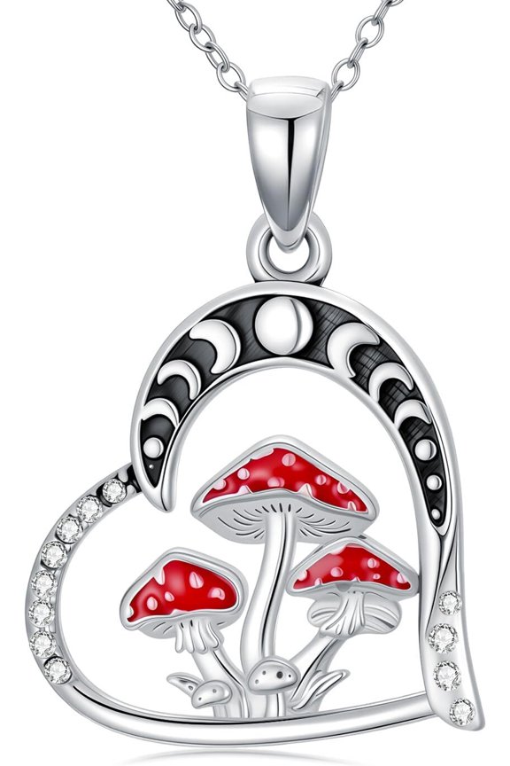 Heart Necklace for Women,925 Sterling Silver Moon Mushroom Necklace for Women, Moon Phase Necklaces, Red Mushroom Pendant Anniversary Birthday Gifts for Mom Wife 18"+2"