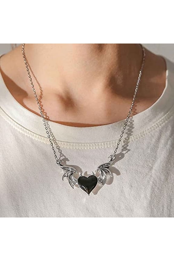Heart Necklace for Women, Goth Jewelry, Punk Demon Dragon Wing Love Heart Blue Evil Eye Pendant Necklace Couple Family Friendship Necklace Jewelry, Silver