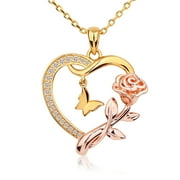 APETPUP Heart Necklace for Women 14k Gold Plated CZ Romantic Rose and Butterfly Jewelry Gift for Women Birthday Valentine's Day