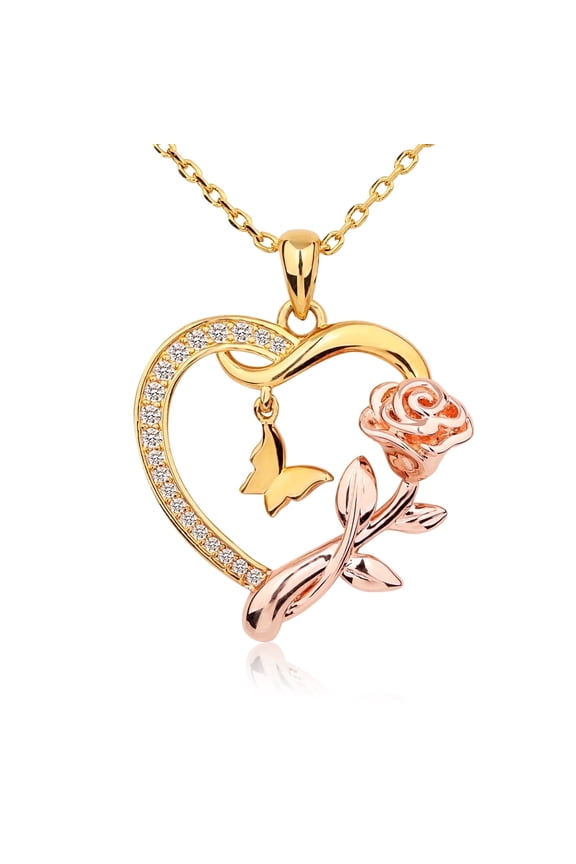 Heart Necklace for Women 14k Gold Plated CZ Romantic Rose and Butterfly Jewelry Gift for Women Birthday Valentine's Day