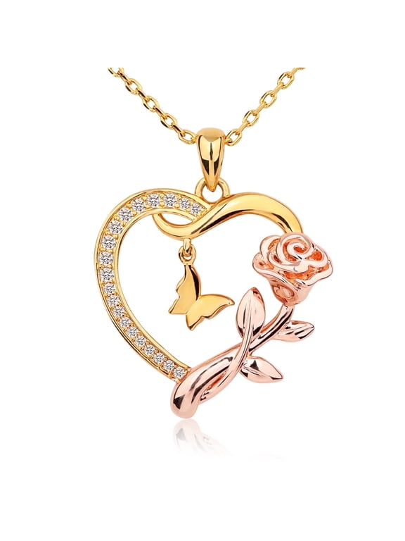 Heart Necklace for Women 14k Gold Plated CZ Romantic Rose and Butterfly Jewelry Gift for Women Birthday Valentine's Day