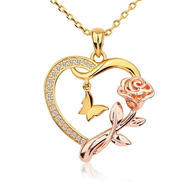 Heart Necklace for Women 14k Gold Plated CZ Romantic Rose and Butterfly Jewelry Gift for Women Birthday Valentine's Day