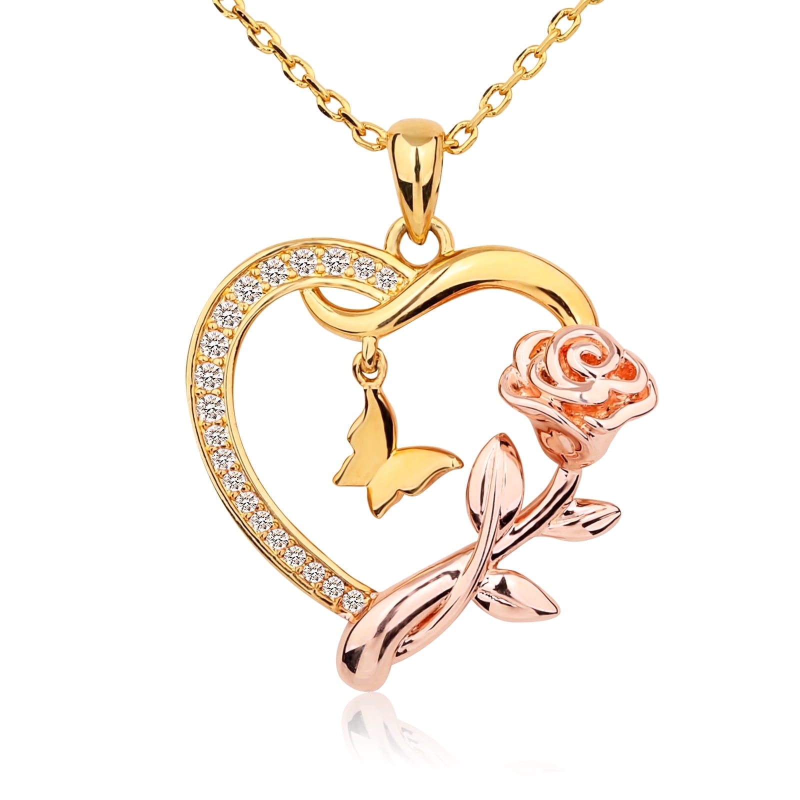 14k Gold Plated Heart Necklace, Rose and Butterfly