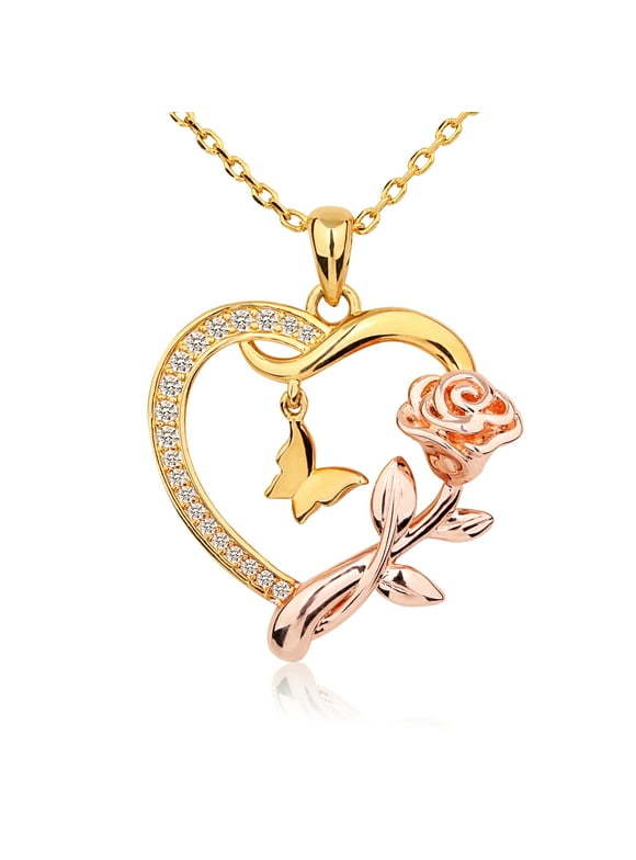 Heart Necklace for Women 14k Gold Plated CZ Romantic Rose and Butterfly Jewelry Gift for Women Girls Birthday Valentine's Day