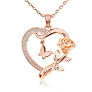 APETPUP Heart Necklace for Women Rose Gold Plated CZ Romantic Rose and Butterfly Jewelry Gift for Women Birthday Valentine's Day
