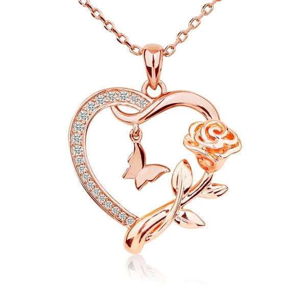 Heart Necklace for Women Rose Gold Plated CZ Romantic Rose and Butterfly Jewelry Gift for Women Birthday Valentine's Day