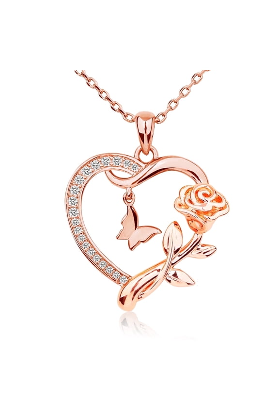 Heart Necklace for Women Rose Gold Plated CZ Romantic Rose and Butterfly Jewelry Gift for Women Birthday Valentine's Day