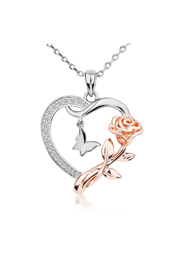 Heart Necklace for Women Sterling Silver CZ Romantic Rose and Butterfly Jewelry for Women Birthday Valentine's Day Gift(Silver)