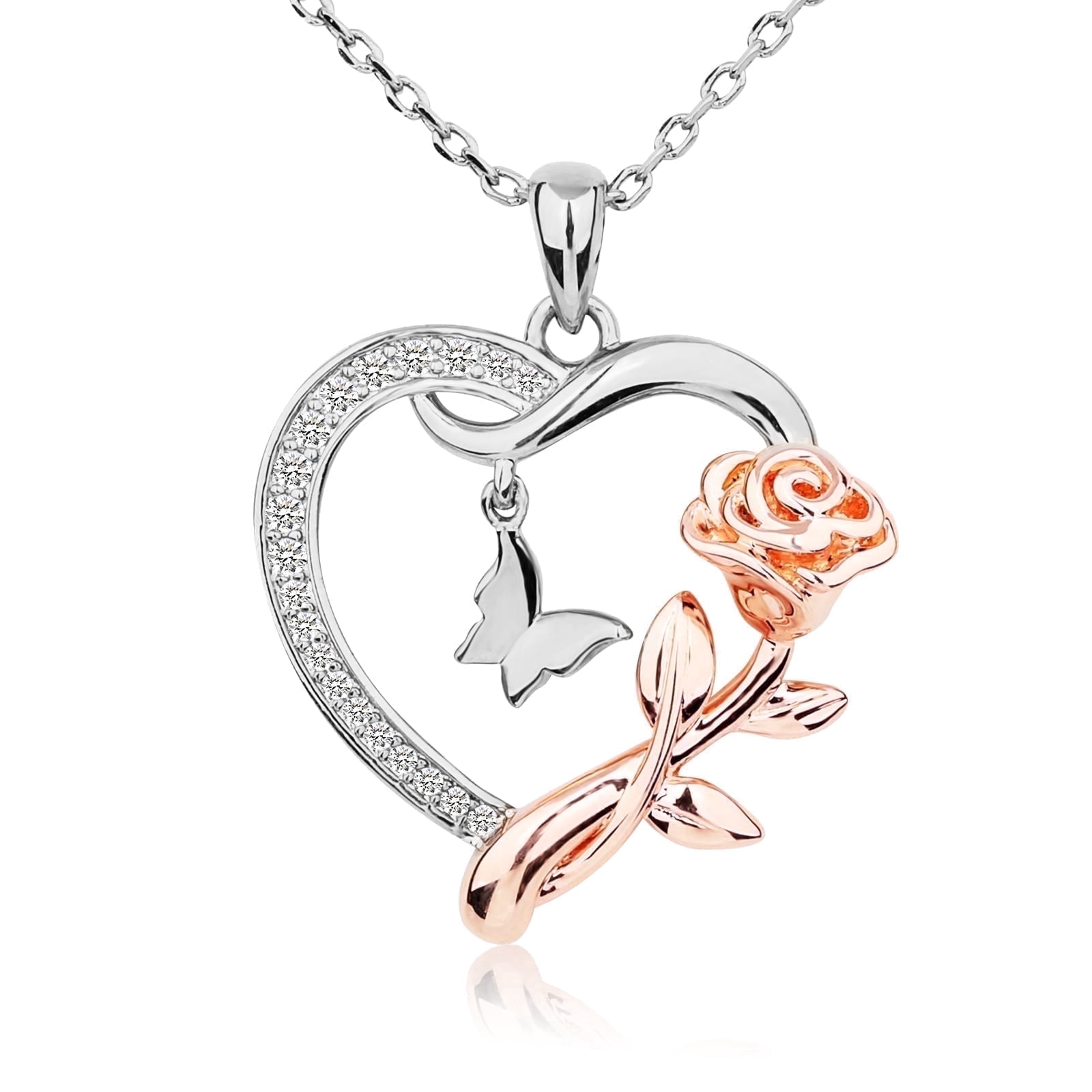Heart Necklace for Women Sterling Silver CZ Romantic Rose and Butterfly Jewelry for Women Birthday Valentine's Day Gift(Silver)