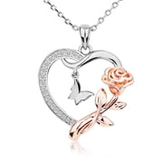 Heart Necklace for Women Sterling Silver CZ Romantic Rose and Butterfly Jewelry for Women Birthday Valentine's Day Gift(