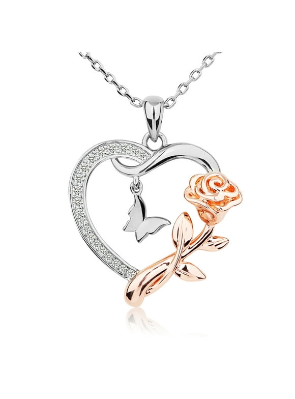 Heart Necklace for Women Sterling Silver CZ Romantic Rose and Butterfly Jewelry for women Birthday Valentine's Day Gift for Girls