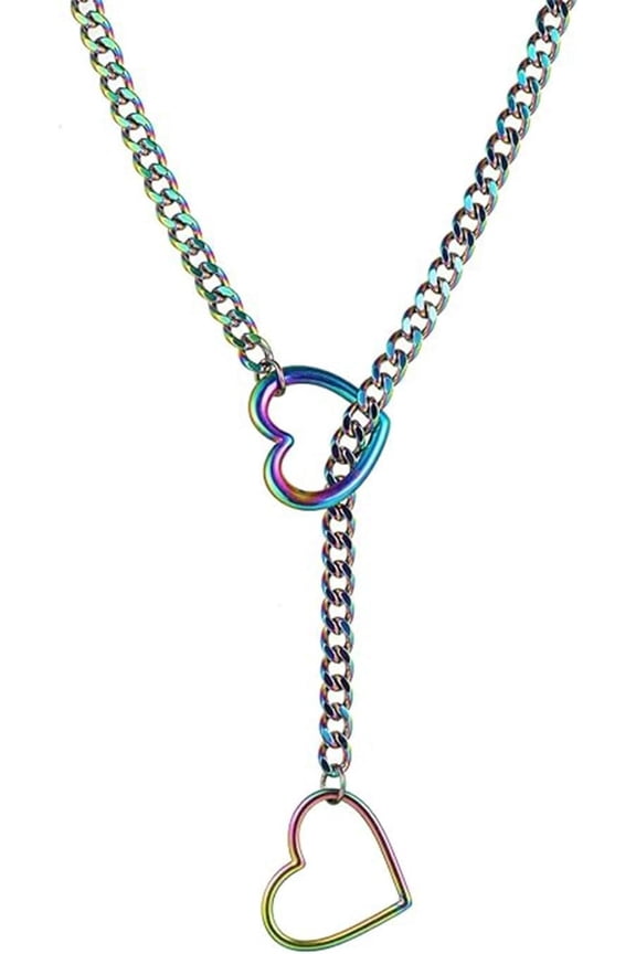 Heart O Ring Slip Chain Choker Necklace for Women Men Stainless Steel Cuban Chain Y-shape Necklaces Punk Rock Adjustable Lariat Y Necklace Prom Necklaces