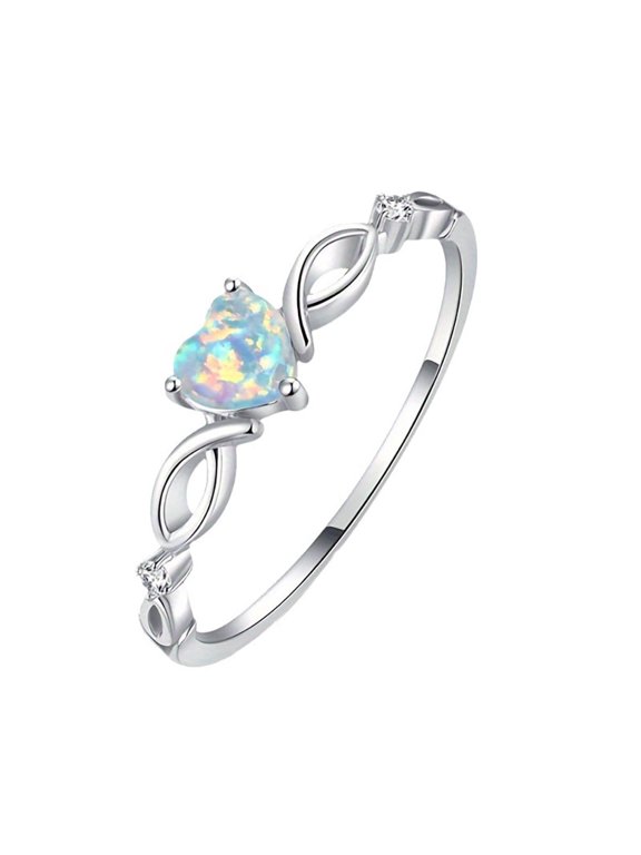 Heart Opal Ring for Women, Dainty Infinity Band with CZ Accents, White Fire Opal Heart Promise Ring, Size 9, Valentine's Day/Mother's Day Gift Jewelry