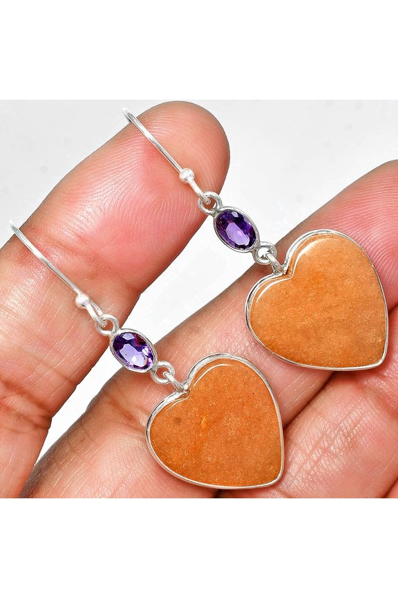 Heart - Orange Aventurine & Amethyst 925 Sterling Silver Earrings Jewelry E-1002 SDE84984