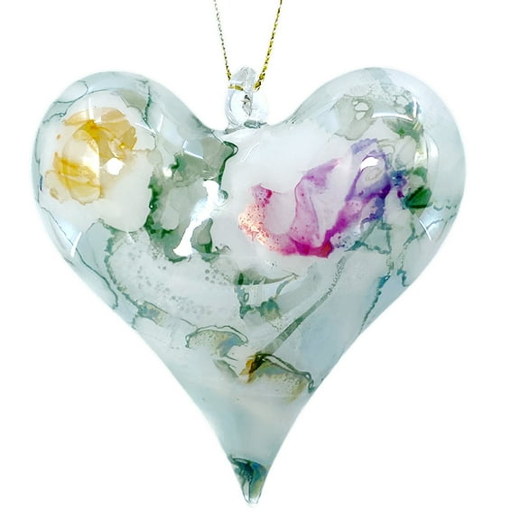 Heart Ornament Hand Blown Egyptian Glass Fire Painted Marbled Design, Green