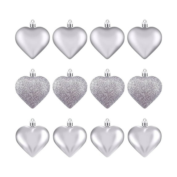 Heart Ornaments 12Pcs Heart Baubles Hanging Ornaments for Valentine's Day Decor Mother's Day Xmas Tree Wedding Anniversary Party Decoration (Silver)