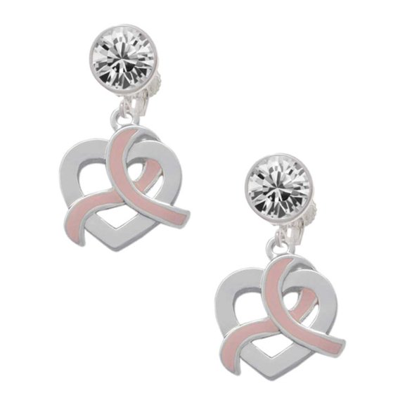 Heart Outline with Pink Ribbon Looping Through Clear Crystal Clip On Earrings