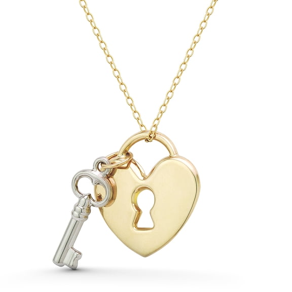 Heart Padlock & Skeleton Key Love Promise Charm 25x21mm (1x0.8in) Pendant & Chain Necklace in 14k Yellow & White Gold