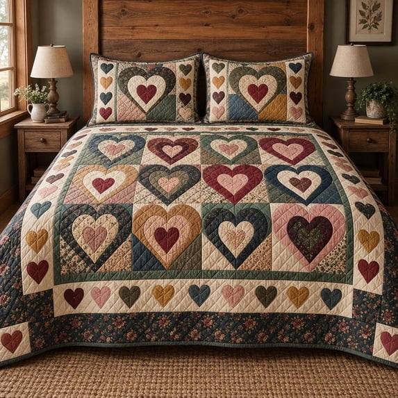Heart Patchwork Quilted Bedding Set, Country Farmhouse Quilt Blanket ...
