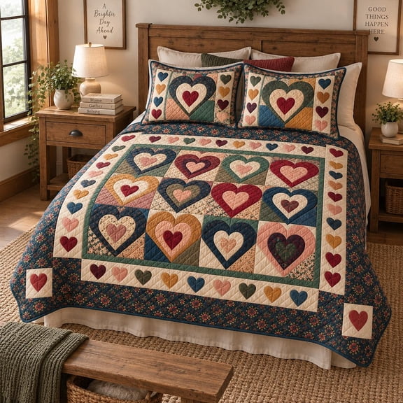 Heart Patchwork Quilted Bedding Set, Country Farmhouse Quilt Blanket