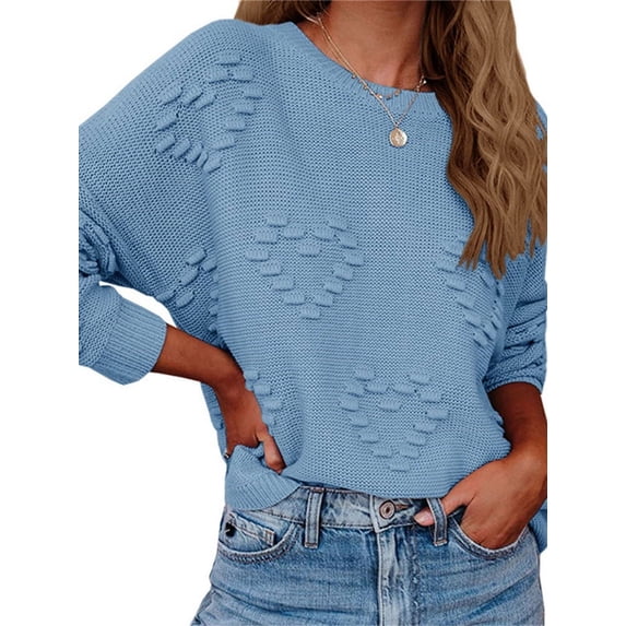Heart Patchwork Women Crew-Neck Long Sleeve Casual Knit Sweater Pullovers