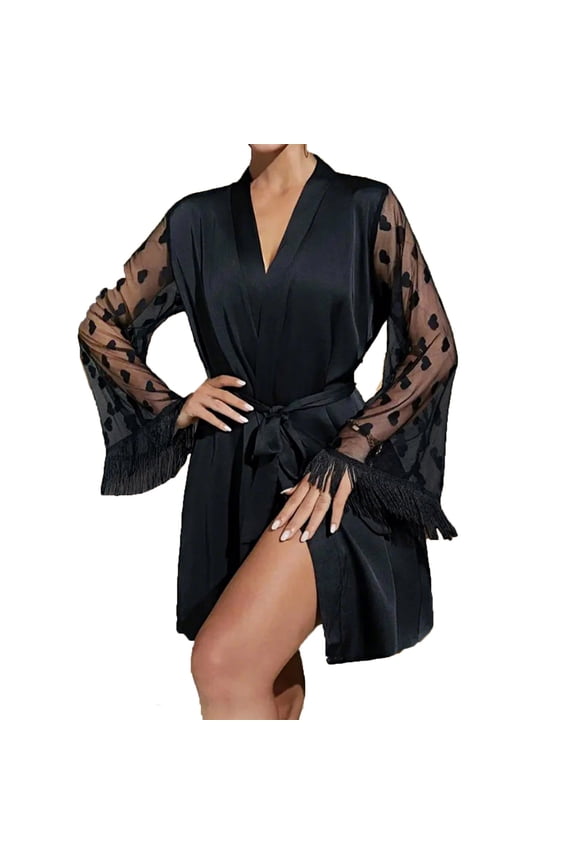 Heart Patter Mesh Sleeve Satin Robes for Women Fringed Bell Sleeve Wrap Bathrobe Belted Waist Sexy Kimono Nightgown