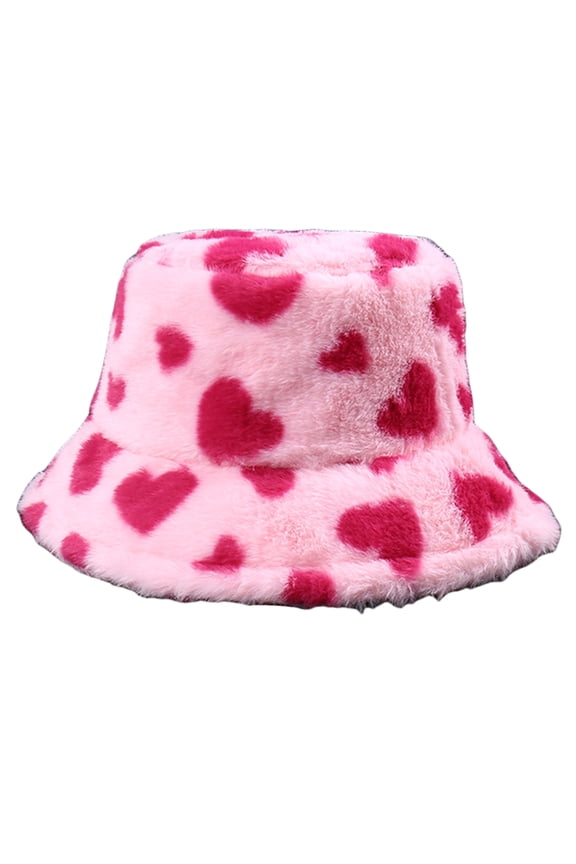 Heart Pattern Bucket Hat for Outdoor Activity Nondeform Soft Thickened Warm Plush Fisherman Hat for Winter Daily Wear