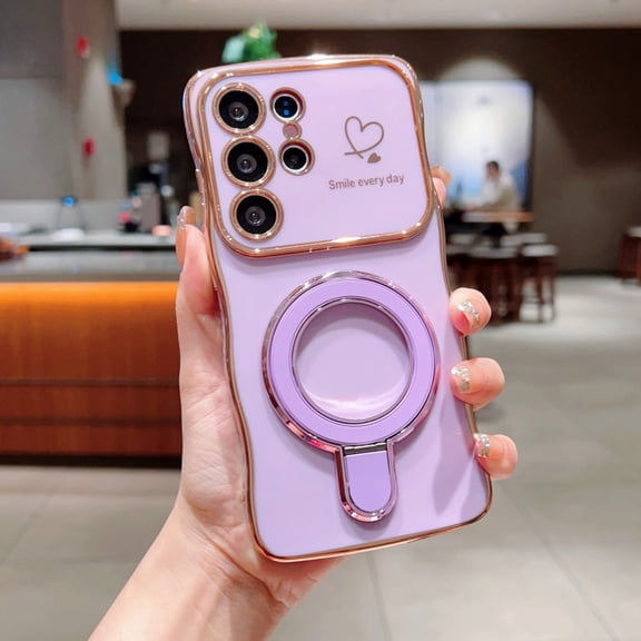 Heart Pattern Case for Samsung Galaxy S26, Plated TPU Magnetic Ring Holder Stand, Shockproof Protective Phone Cover for Women Girls, Slim Anti-Scratch Cute Phone Case, Purple