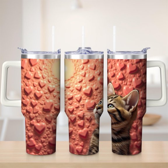Heart Pattern Cat Design Stainless Steel Tumbler, 30oz