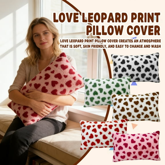 Heart Patterned Leopard Print Pillow Covers 20x12 In, Multi Colored Plush Texture Stylish Cushion Covers For Living Room BedroomBlack