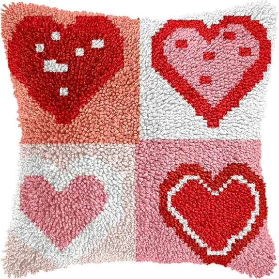 Heart Patterns Latch Hook Pillow Cover Kits for DIY Handmade Throw Pillow Cross Stitch Latch Hooking Pillowcase Kits with Preprinted Color Pattern Canvas Crochet Yarn Kits 17''X 17''(8-186)