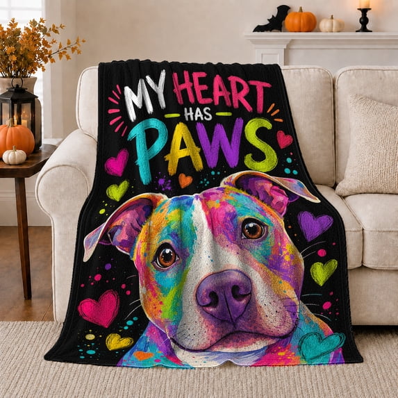 My Heart Has Paws Dog Portrait, Playful Graphic Style for Dog Lovers, Rainbow Heart Quote and Friendship Gift, Soft Flannel Blanket for Bedroom and Family Room, Pet Home Decor