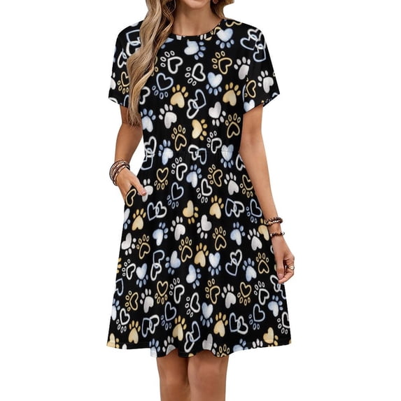Heart Paws on Black Dress Summer Street Style Dresses Female Short Sleeve Printed Sundress