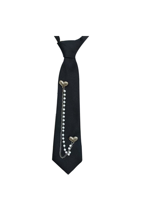 Heart Pearls Beads Chain Tie Stylish School Uniform Tie Adjustable Pre Tied Black Necktie for Casual or Formal Outfit