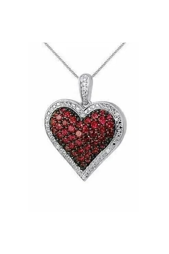 Heart Pendant 2Ct Round Cut Simulated Red Ruby Diamond Cluster Women's Valentine 14k White Gold Plated 925 Sterling Silver