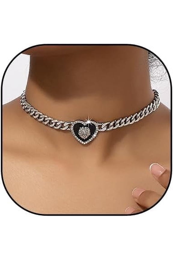 Heart Pendant Necklace for Women Gold Heart Choker Necklace Silver Rhinestone Chunky Cz Heart Necklaces Punk Cuban Link Chain Necklace Trendy Jewelry