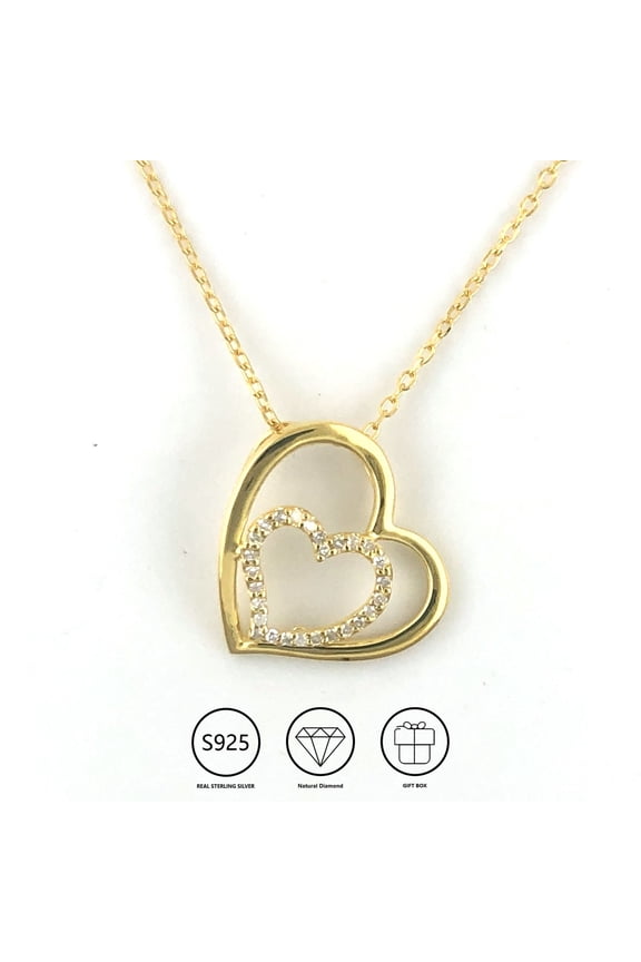 Women Yellow Gold Plated Silver Diamond Double Heart Pendant Necklace 1/8cttw 16-18" Length