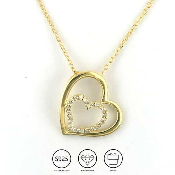 Heart Pendant Necklace with 1/8ctw Natural Diamonds for Women in S925 with Thick Yellow Gold plating