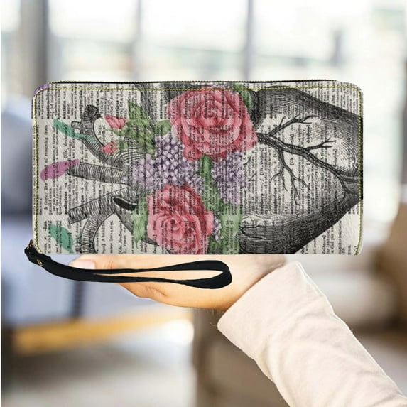 Heart Peony Anatomy Botanical Flower Vintage Print Long Wallet PU Leather Small Coin Purse Girls Student Mini Ph Card Holder