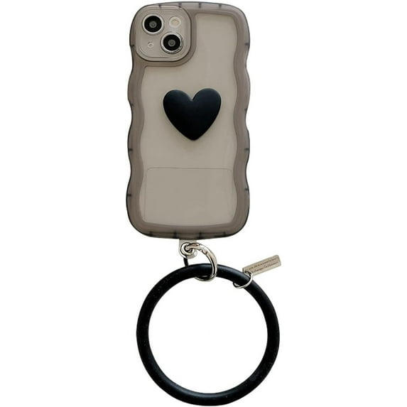 Heart Phone Case Compatible with iPhone 12 Case, Cute 3D Love Heart Phone Case, Curly Wave Shape Clear Heart Phone Cover with Round Bracelet for Women Girls