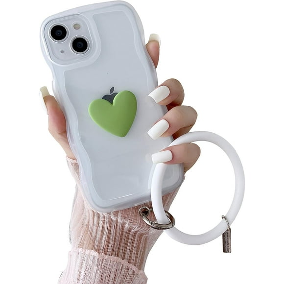 Heart Phone Case Compatible with iPhone 12 Pro Max, Cute 3D Love Heart Phone Case, Curly Wave Shape Clear White Heart Phone Cover with Round Bracelet for Women Girls