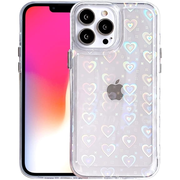 Heart Phone Case Compatible with iPhone 13 Pro Max,Clear Holographic Heart Laser Glitter Bling Case Glossy Bumper Protective Cover,6.7 Inch,Crystal Clear