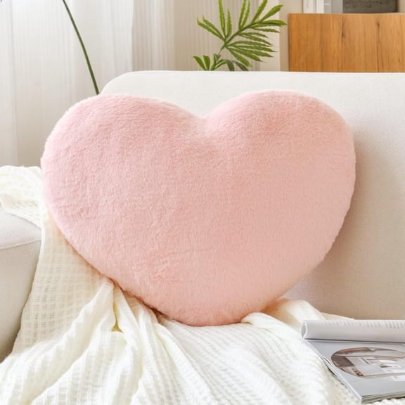 Heart Pillow, Soft Pink Heart Shaped Pillow, Cute Faux Rabbit Fur Room Decorative Throw Pillow, 13"x9.8" Heart Plush Cushion for Couch Bed Kid Girls Women Valentine's Day Gift