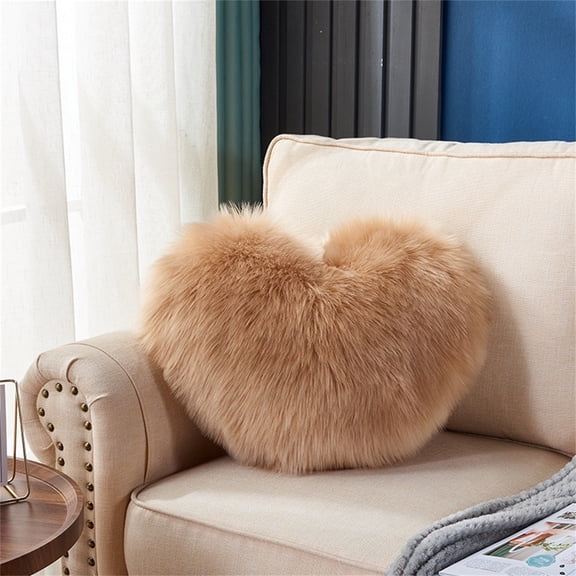 Heart Pillow,Valentines Day Pillows,Fur Heart Decorative Pillows,Heart Shaped Throw Pillow,Large Fluffy Pillows,Women Living Bedroom Home Decoration(Khaki)